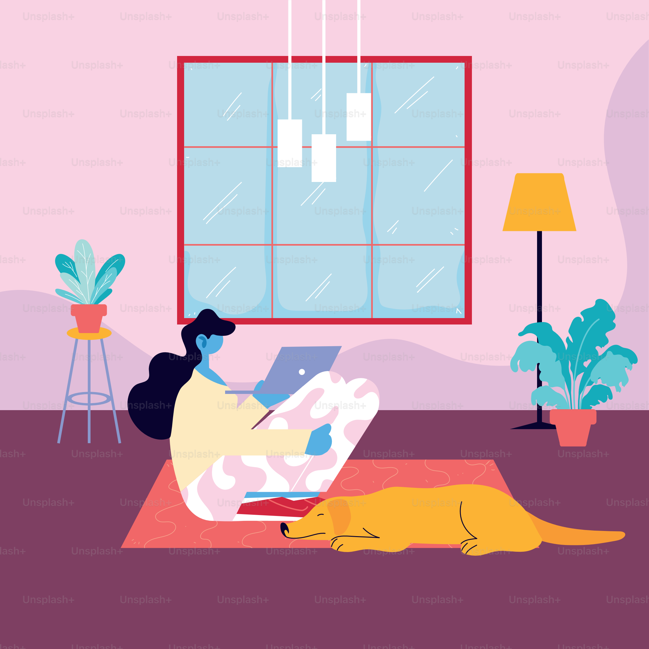 woman freelancer working remotely from her home vector illustration design