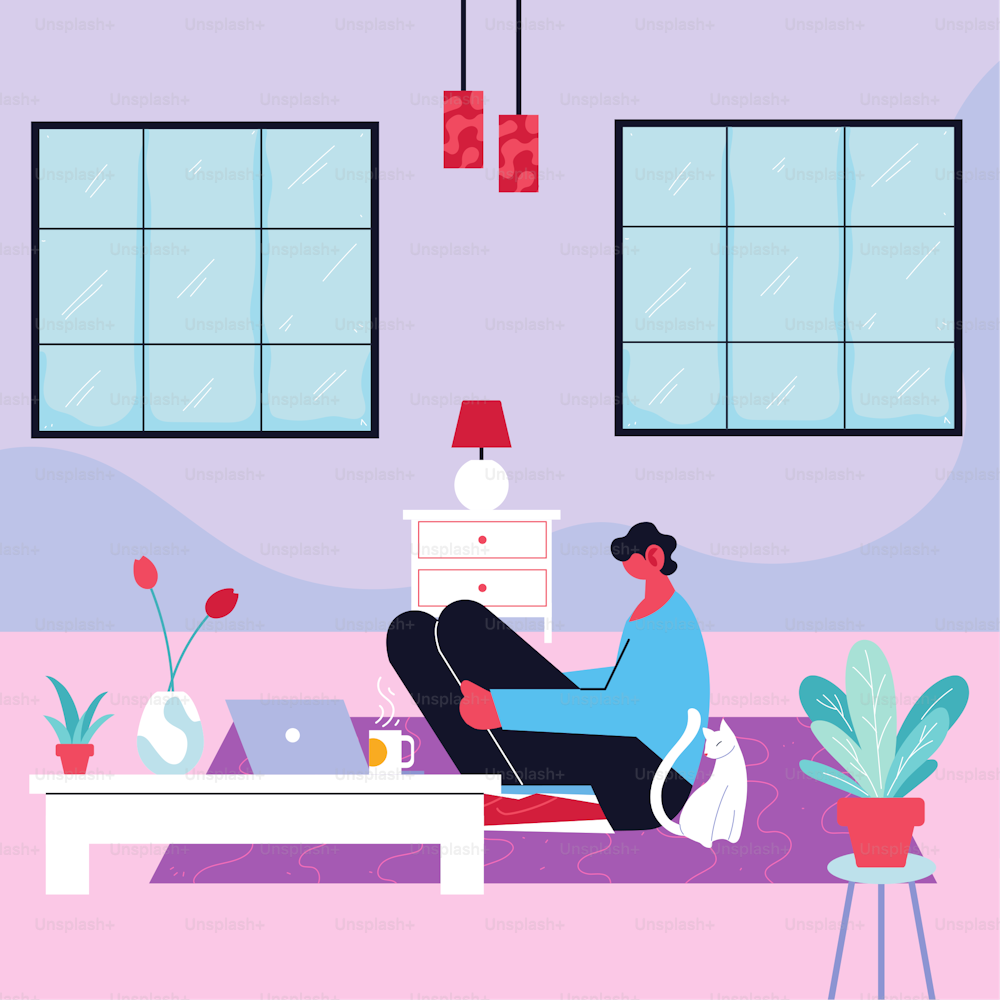 man freelancer working remotely from her home vector illustration design