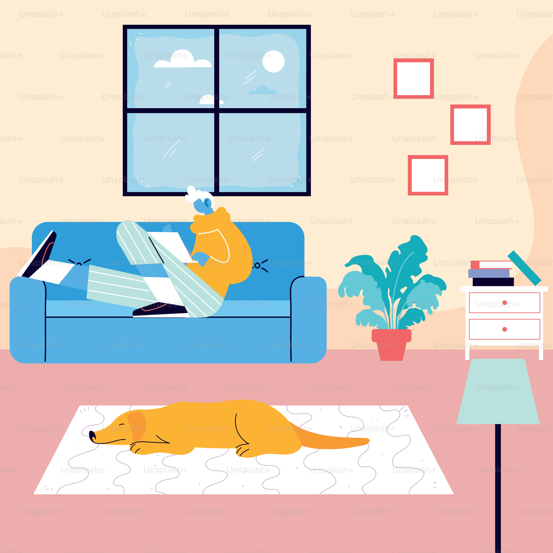 man freelancer working remotely from her home vector illustration design
