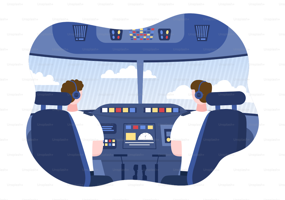 조종사가 대시보드 앞에 앉아 있는 비행기 조종석은 만화 벡터 일러스트레이션에서 비행기를 운전하기 위해 대시보드 앞에 앉아 있다