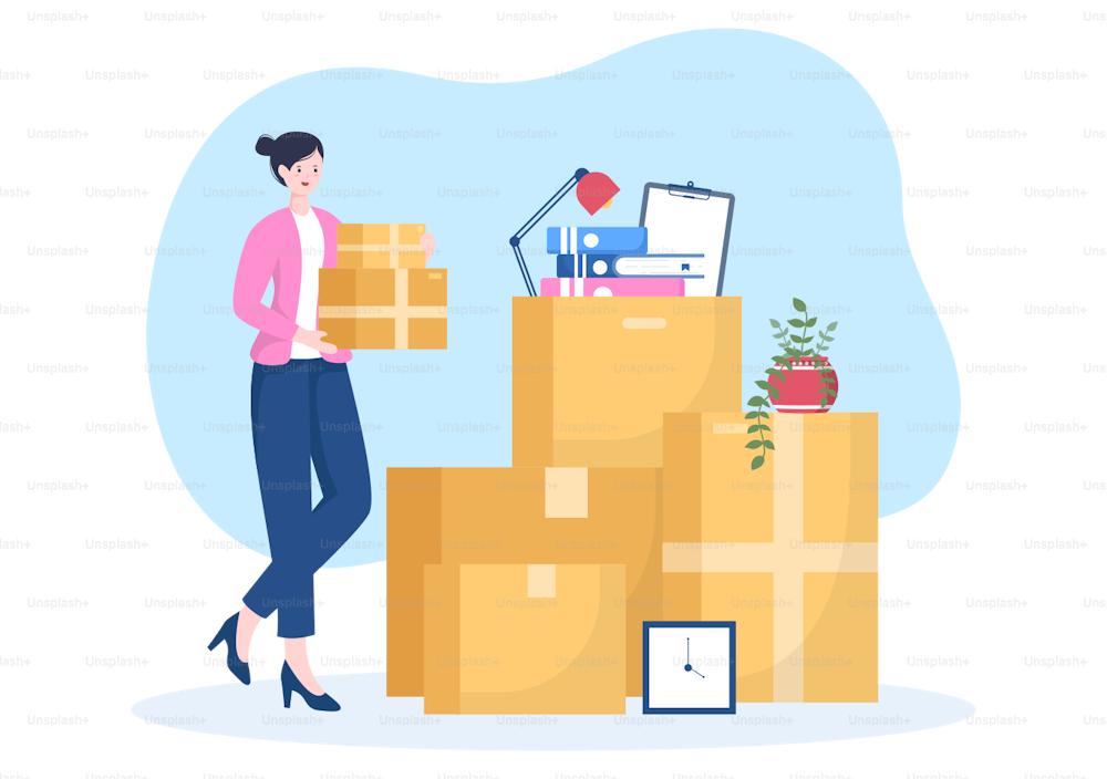 Realocação de casa ou pessoas se movendo com caixas de embalagem de papelão ou pertences de pacote Mover para novos em ilustração de desenho animado plano