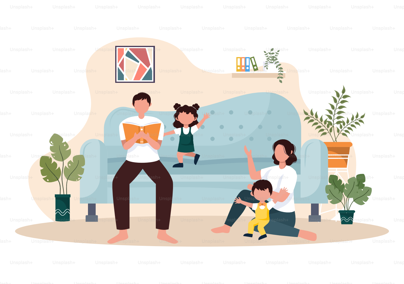 Familienzeit mit fröhlichen Eltern und Kindern, die zu Hause Zeit miteinander verbringen und verschiedene entspannende Aktivitäten in Cartoon Flat machen, Illustration für Poster oder Hintergrund