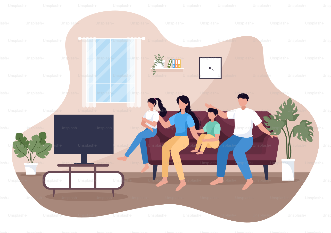 Tiempo familiar de padres alegres y niños que pasan tiempo juntos en casa haciendo diversas actividades relajantes en dibujos animados Ilustración plana para póster o fondo