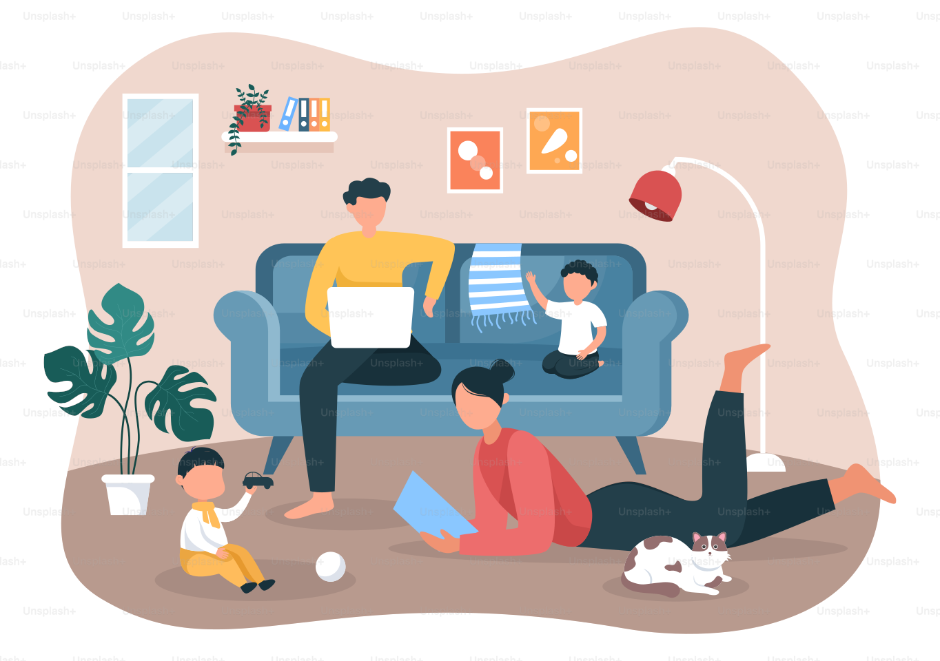 Tempo em família de pais e filhos alegres passando tempo juntos em casa, realizando várias atividades relaxantes em ilustração de plano animado para pôster ou fundo