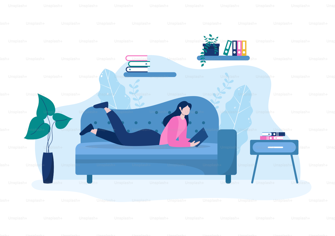 Relax at Home Vector Flat Illustration with People Sitting on the Sofa, Listening To Music, Playing Smartphone or Computer, Drinking Tea, Reading a Book, and Sleeping