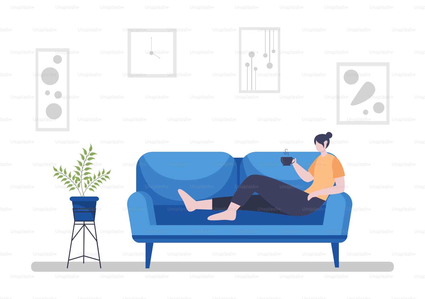 Relax at Home Vector Flat Illustration with People Sitting on the Sofa, Listening To Music, Playing Smartphone or Computer, Drinking Tea, Reading a Book, and Sleeping
