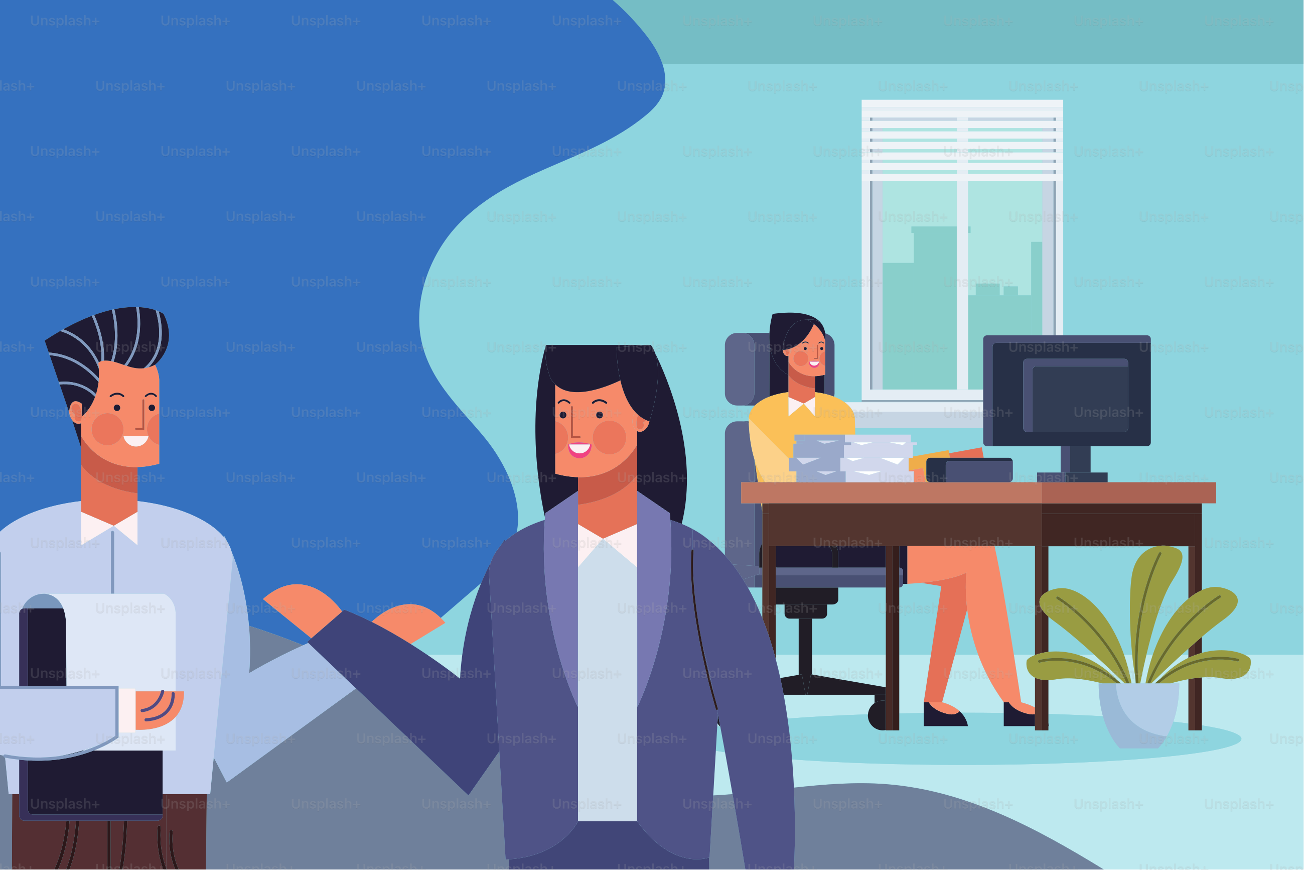 three business persons in workplace characters