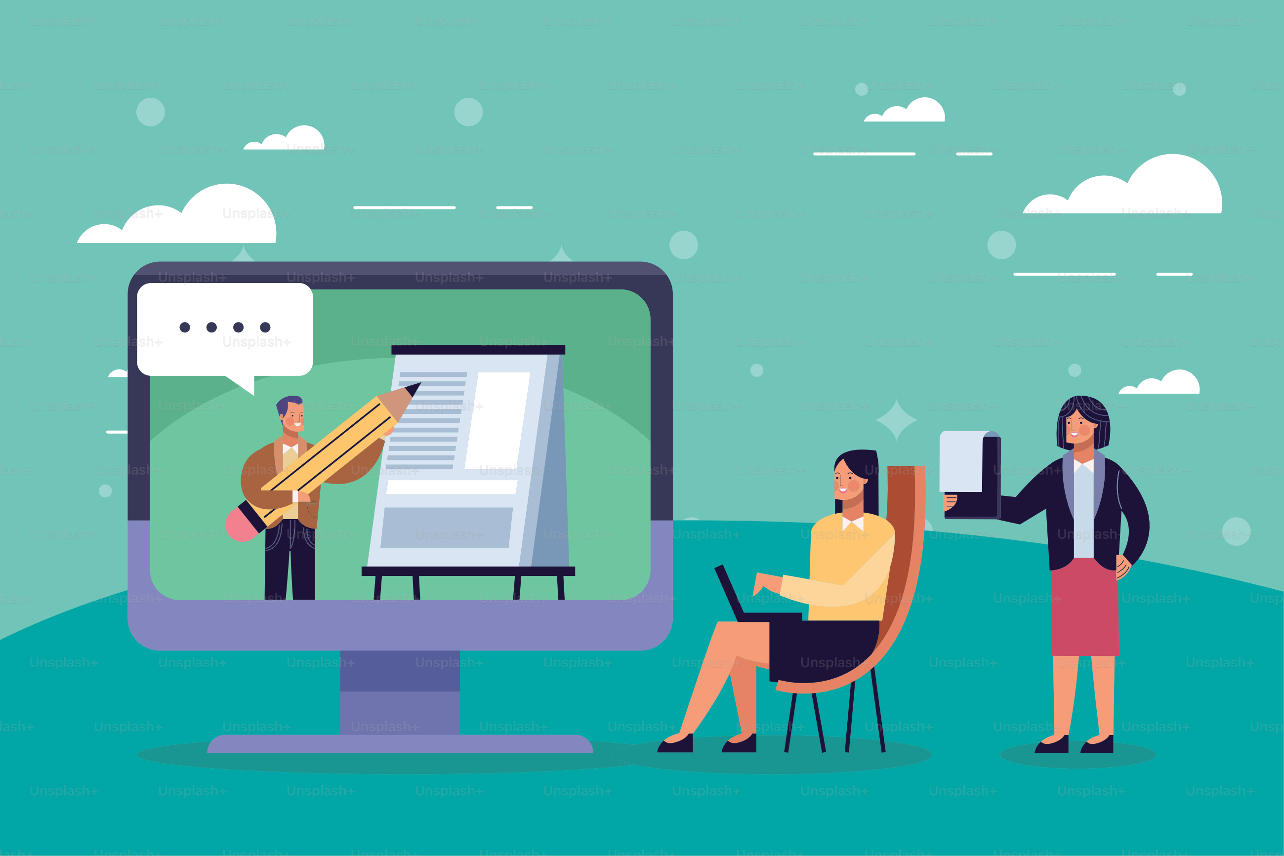 business persons with desktop characters