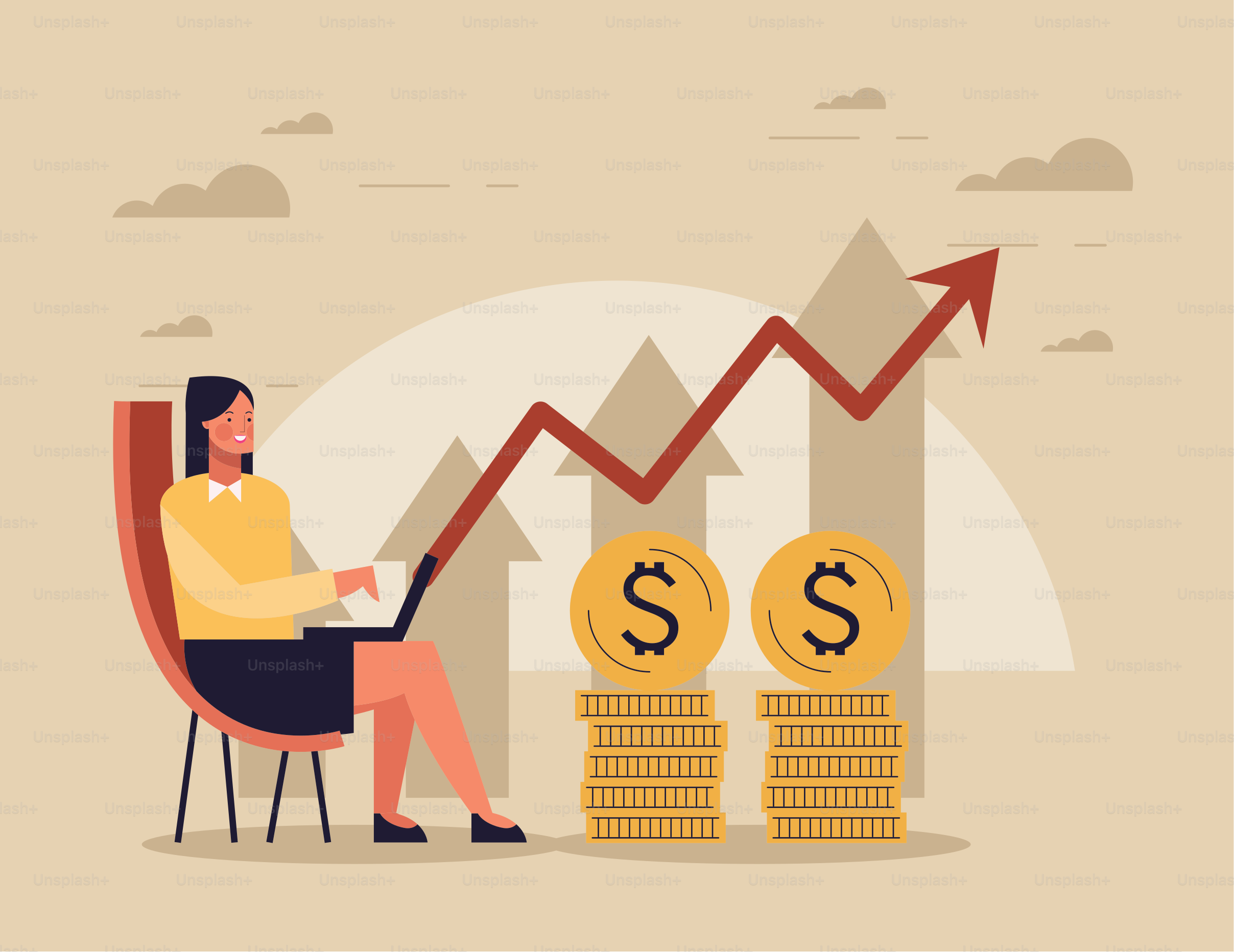 businesswoman using laptop and coins character