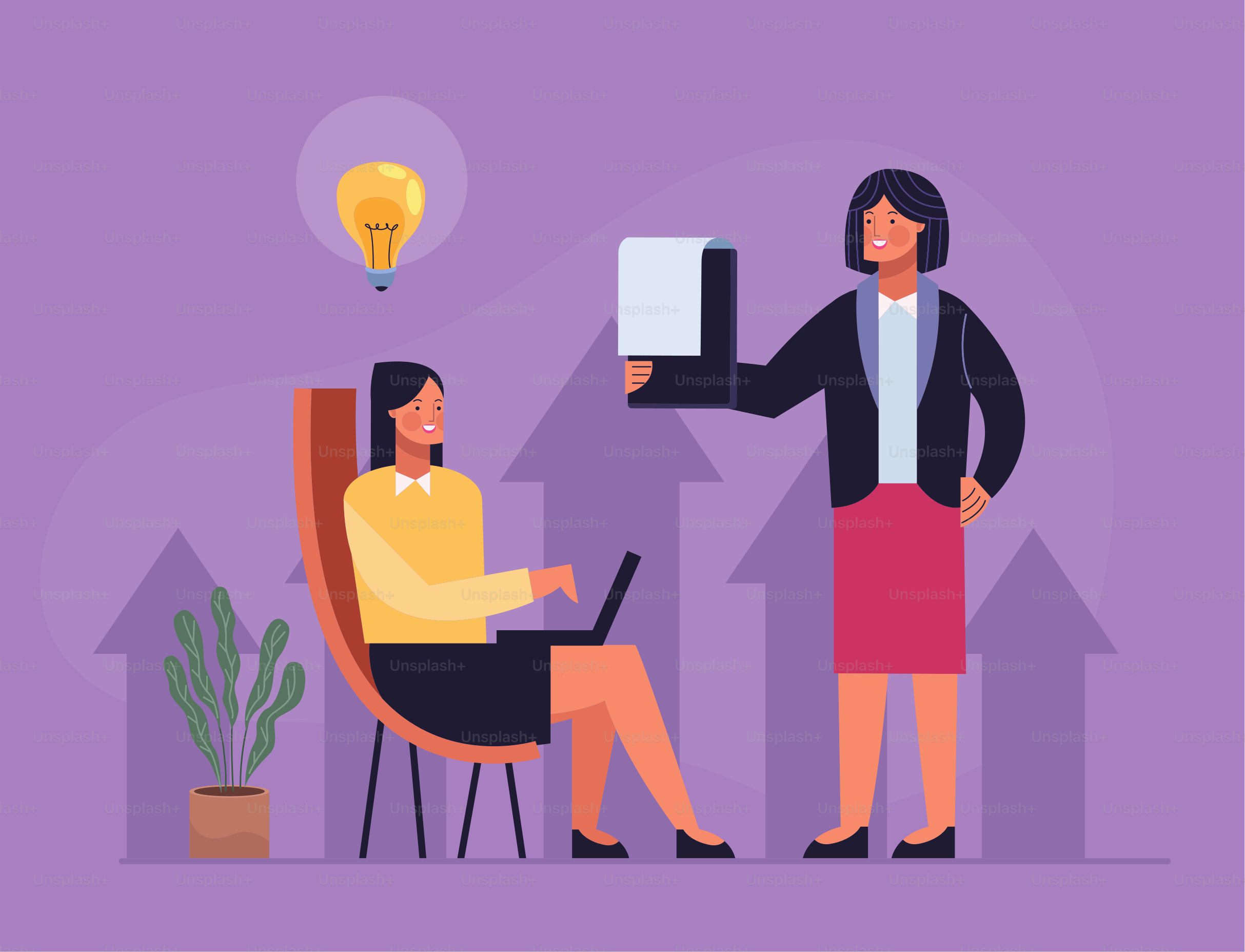 Geschäftsfrauen mit Glühbirne und Klemmbrett