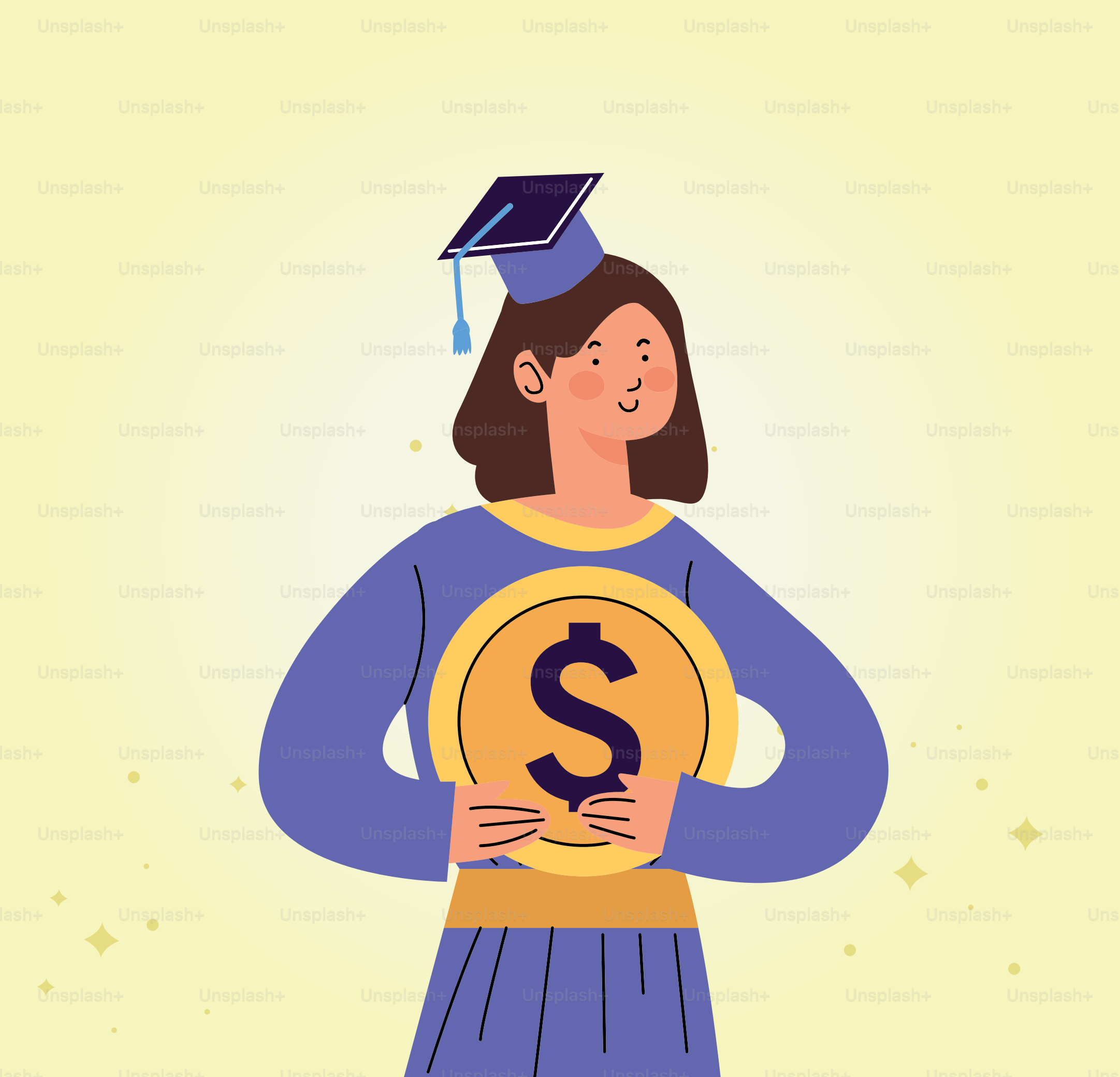 Studentessa laureata con il carattere della moneta