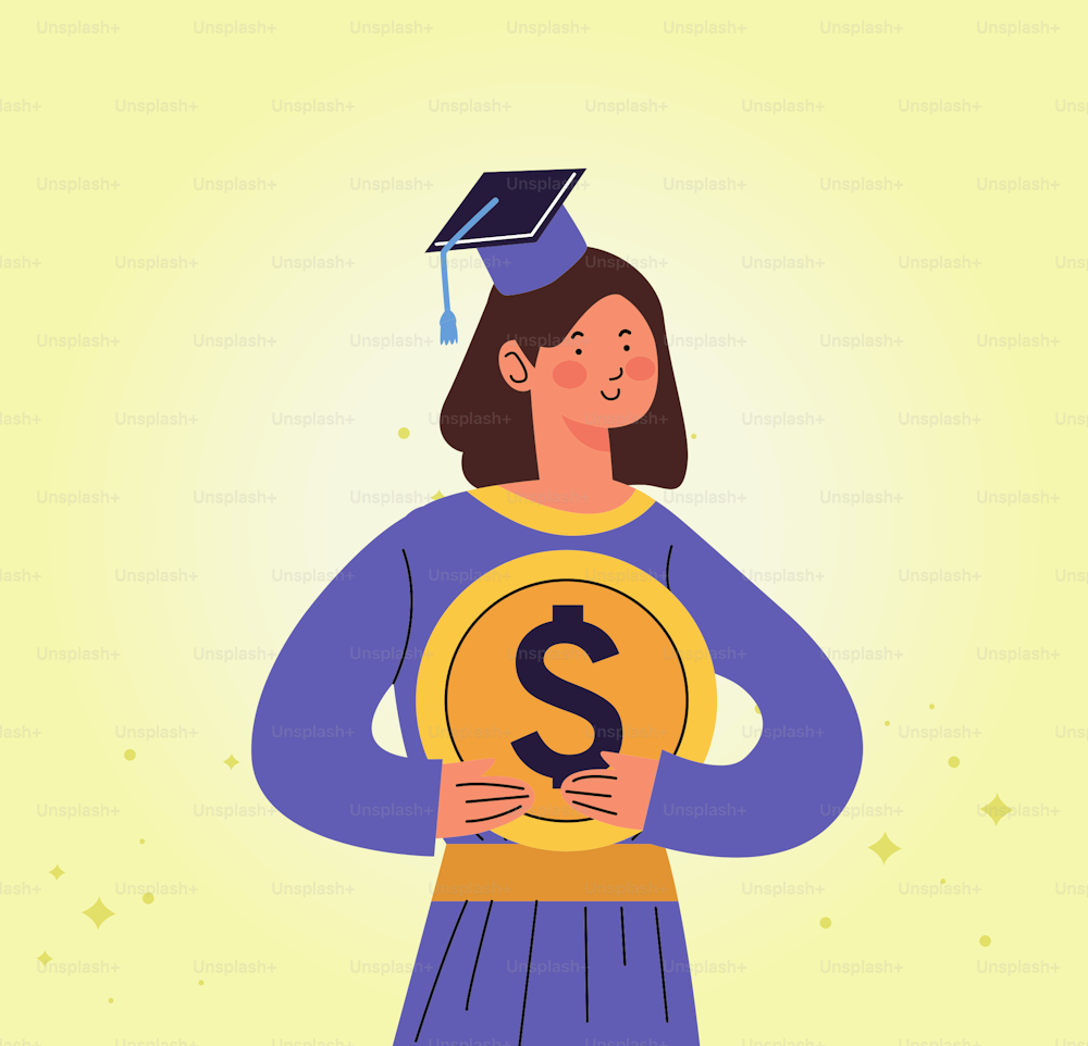 student girl graduate with coin character