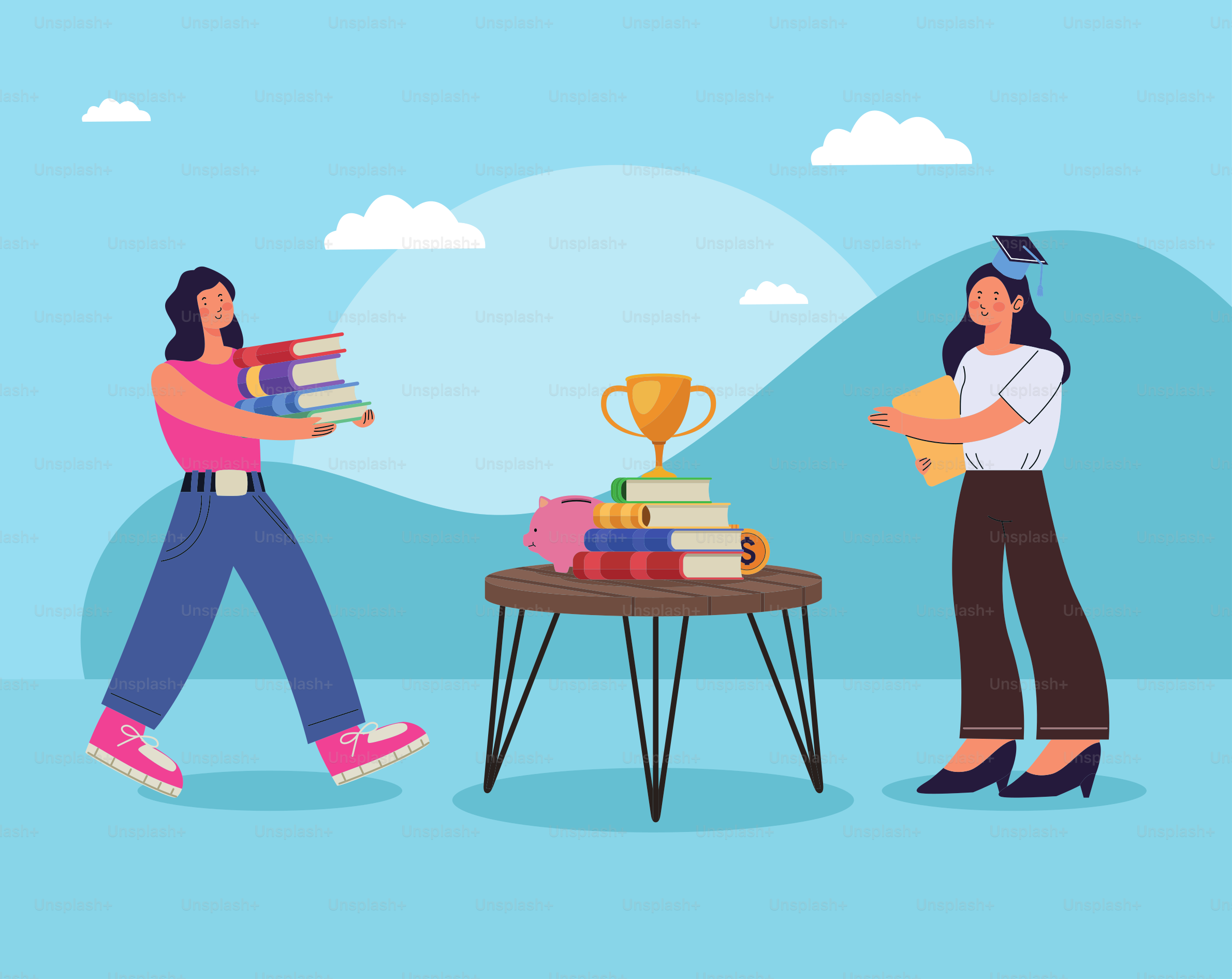 students girls walking with books characters