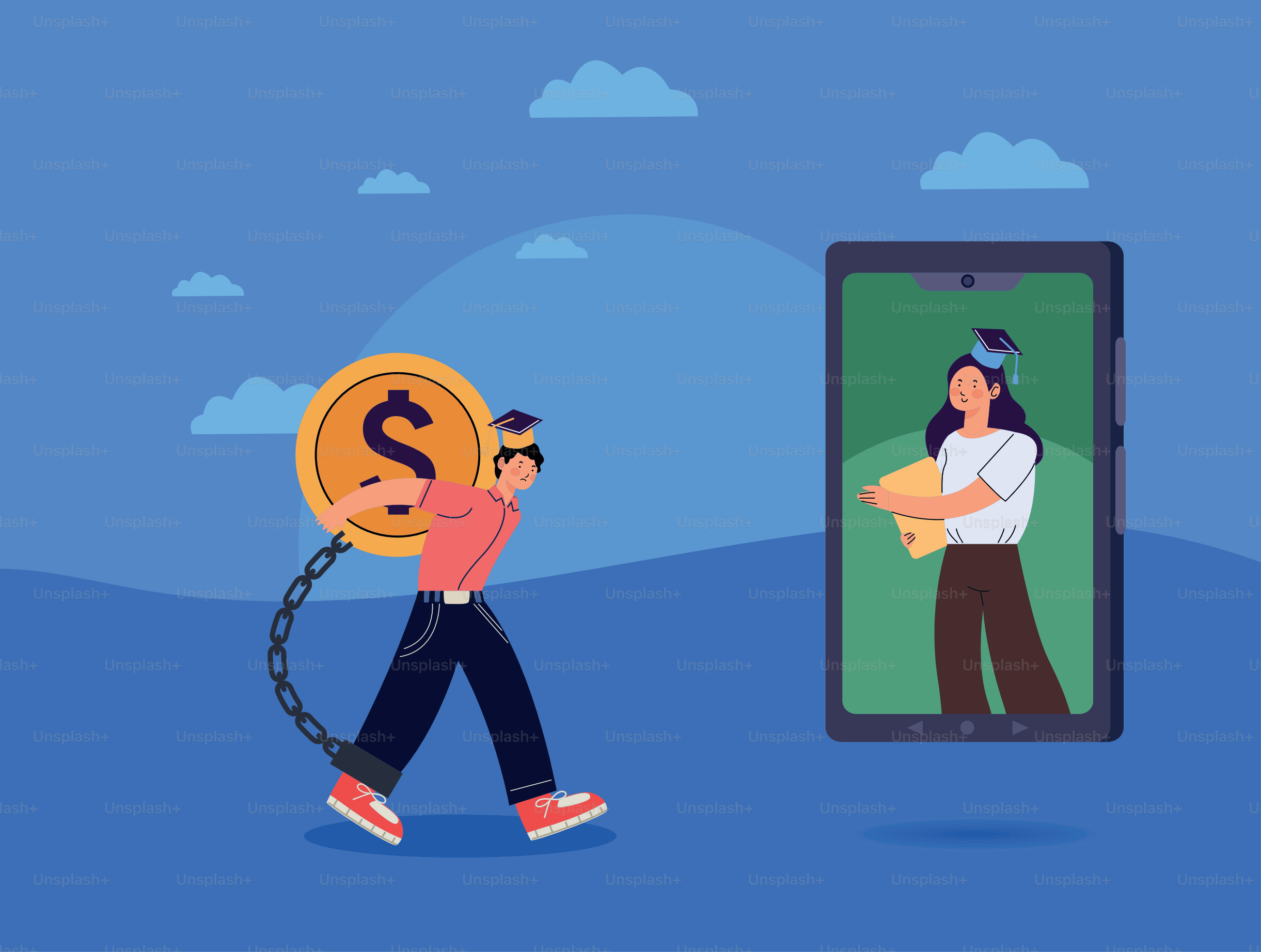 Pareja de estudiantes en personajes de smartphone