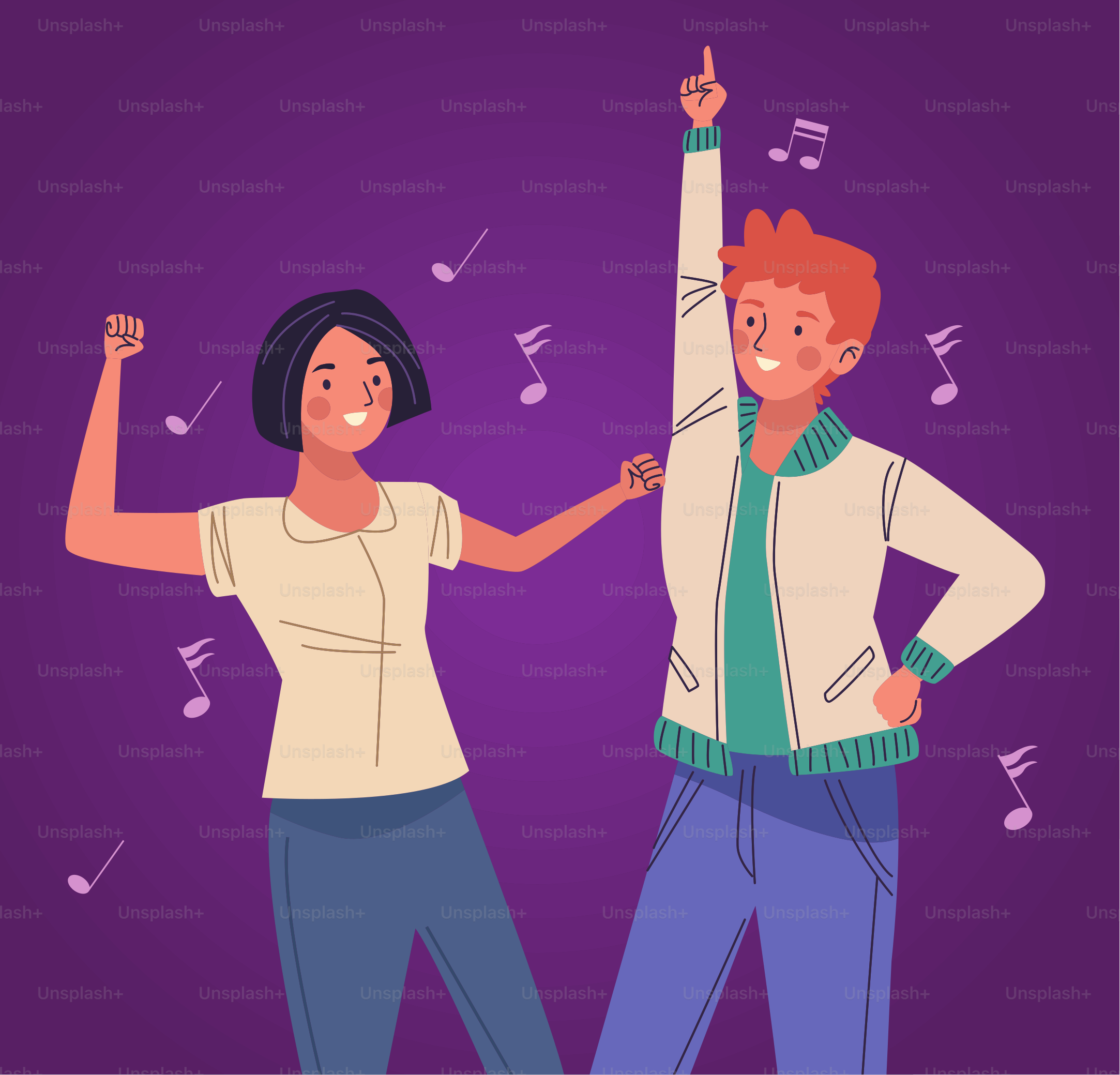 young couple dancers happy characters