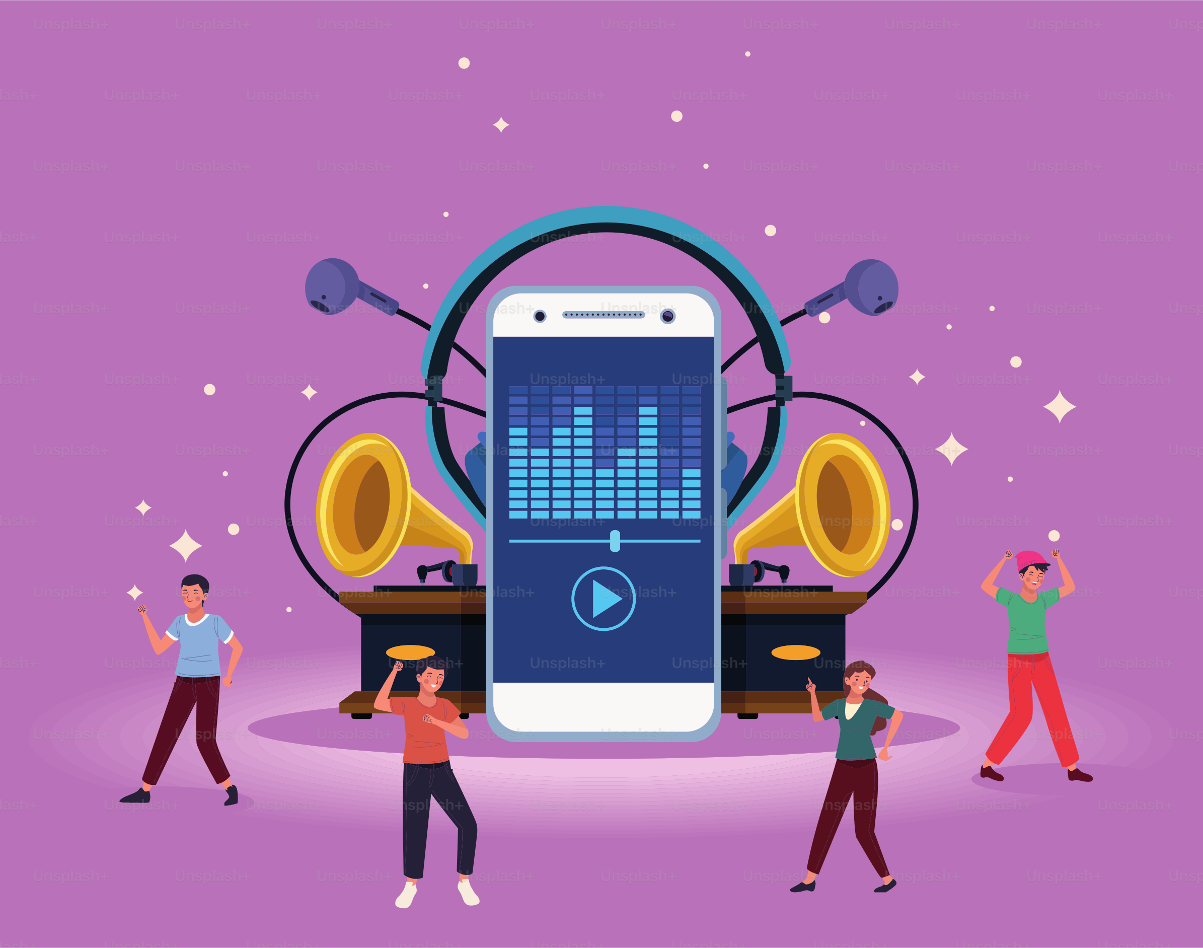 personajes bailando con dispositivos