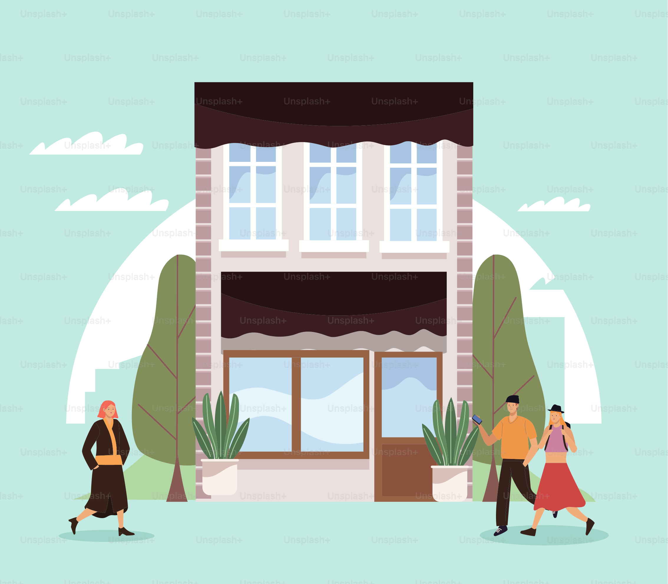 three persons and building scene