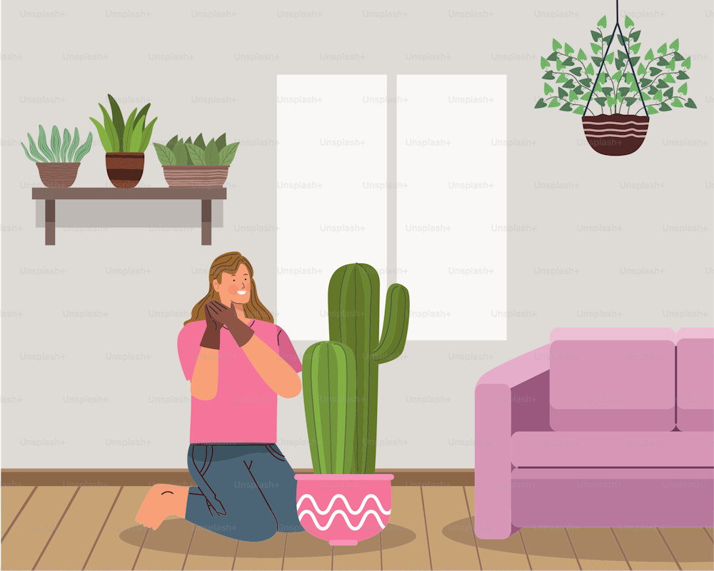 female gardener in livingroom scene