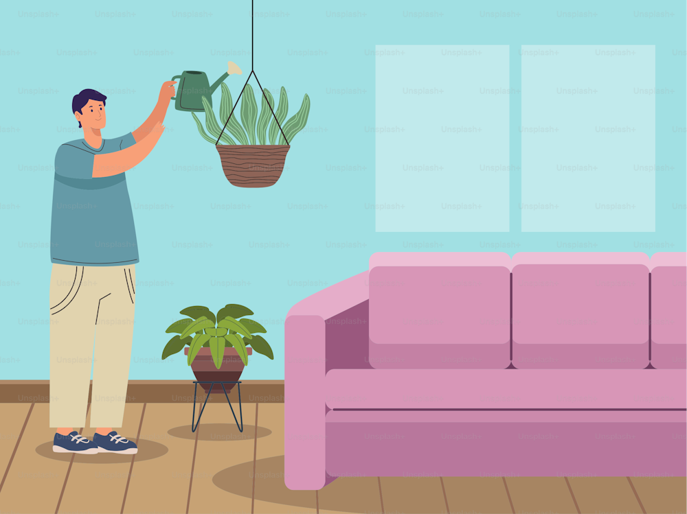 male gardener in livingroom scene