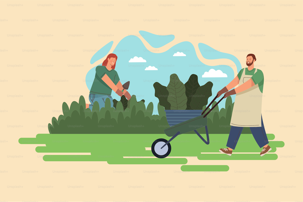 gardeners couple with wheelbarrow characters