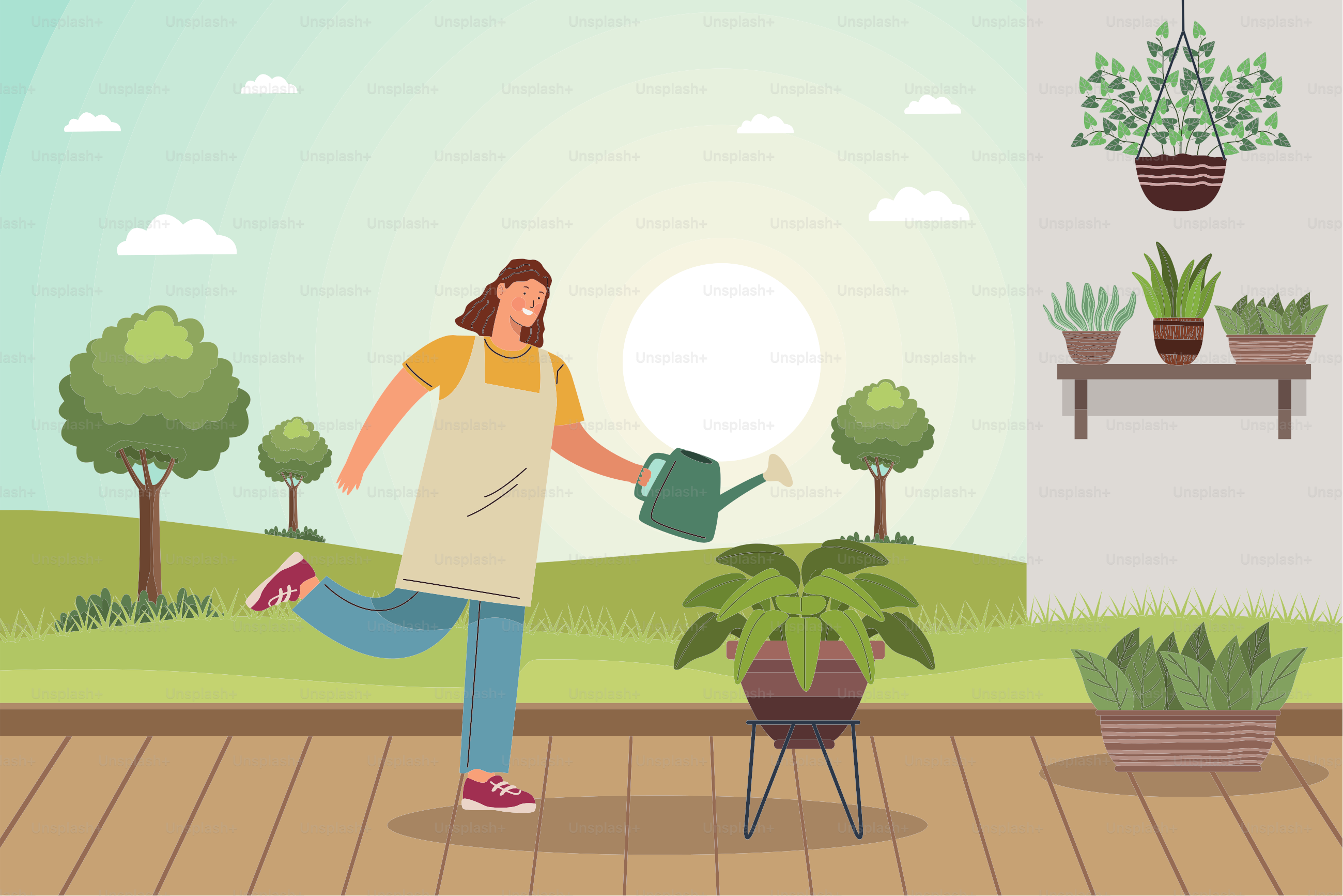 gardener woman with sprinkler scene