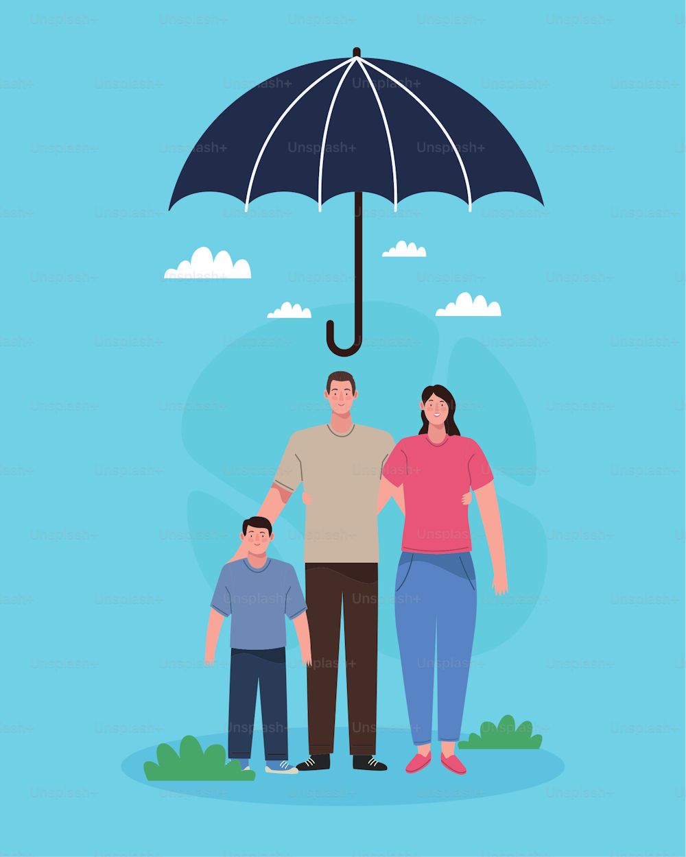 가족 아이콘이 있는 우산 보험
