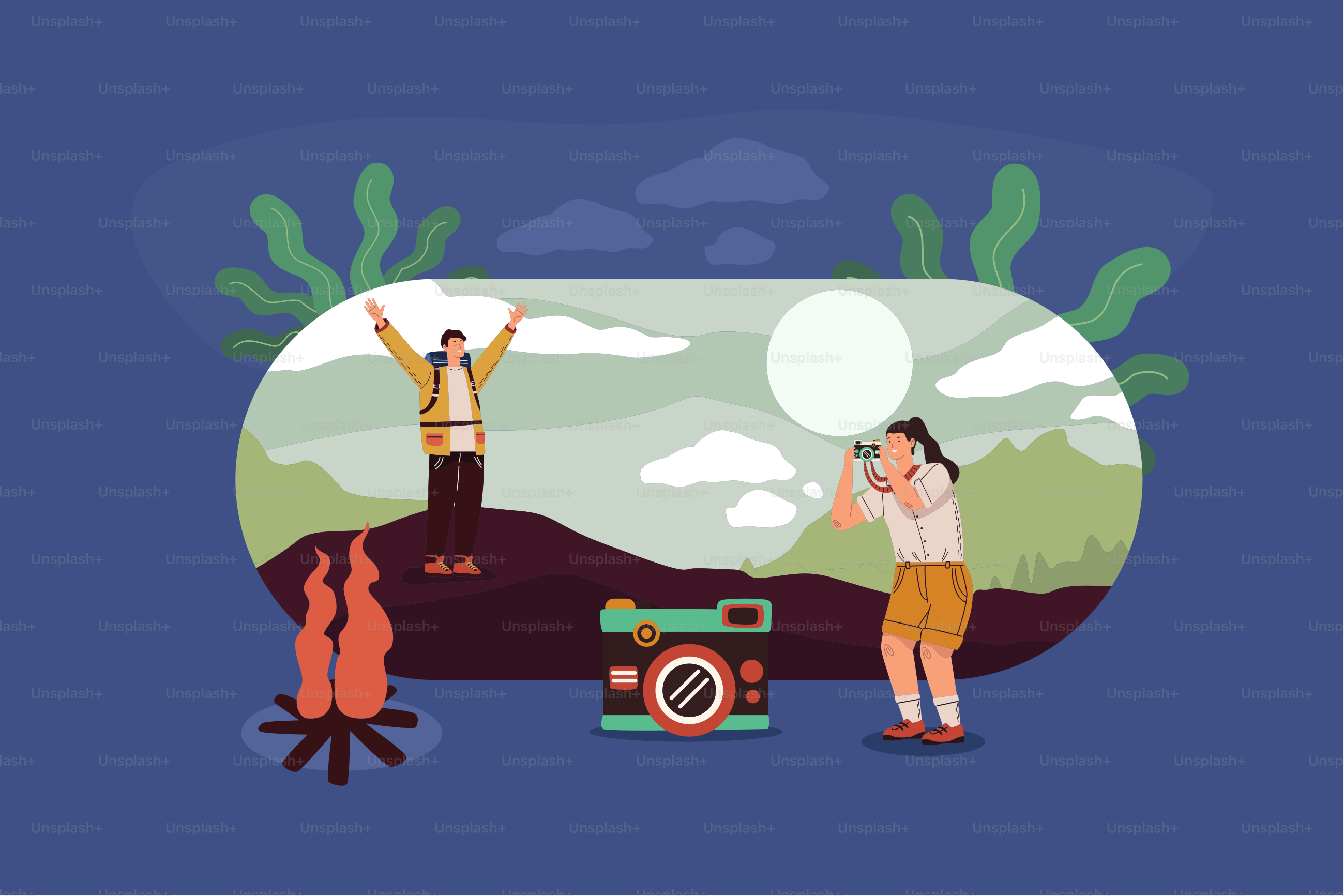 camping zone with tourists couple