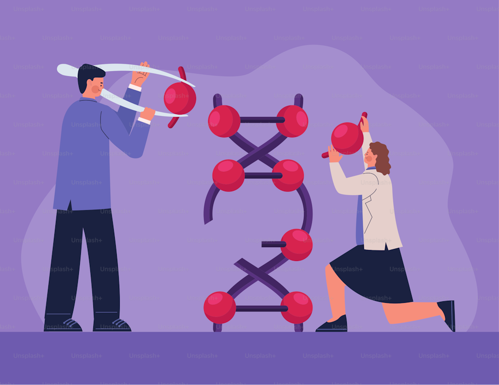 couple scientist with dna molecule icons