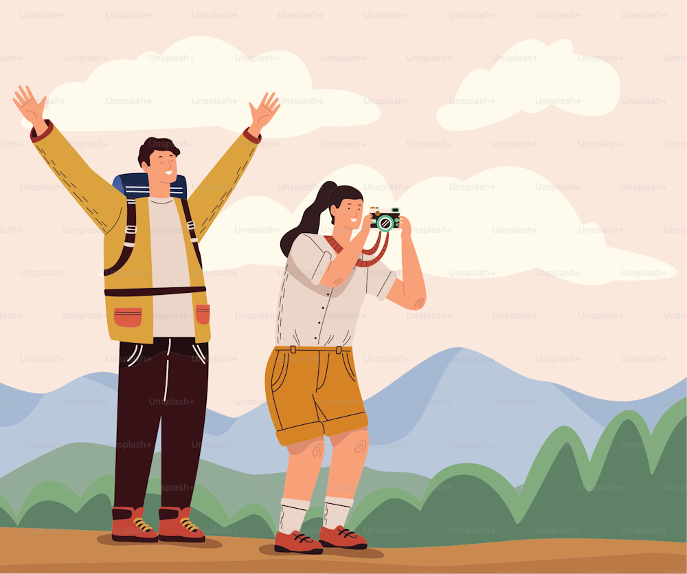 couple travelers with camera characters