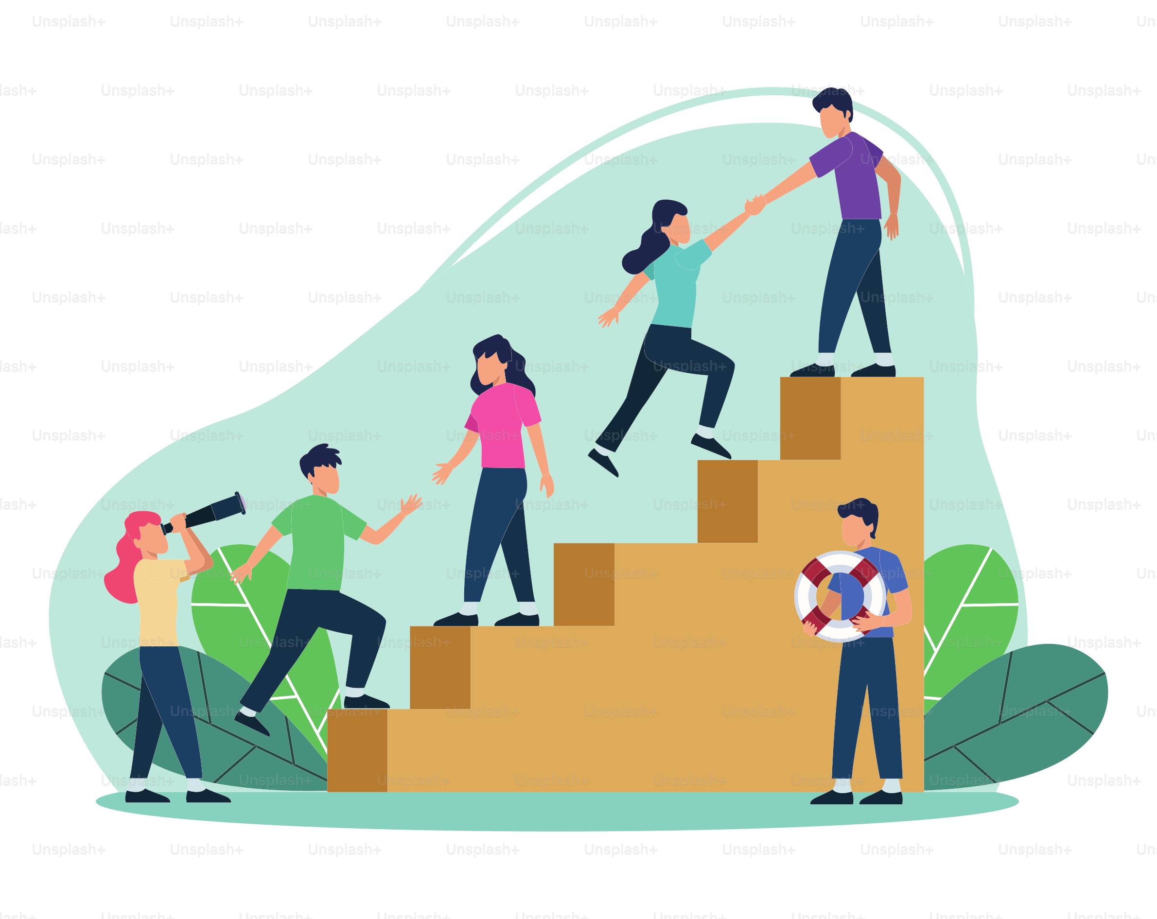 six support persons in stairs characters