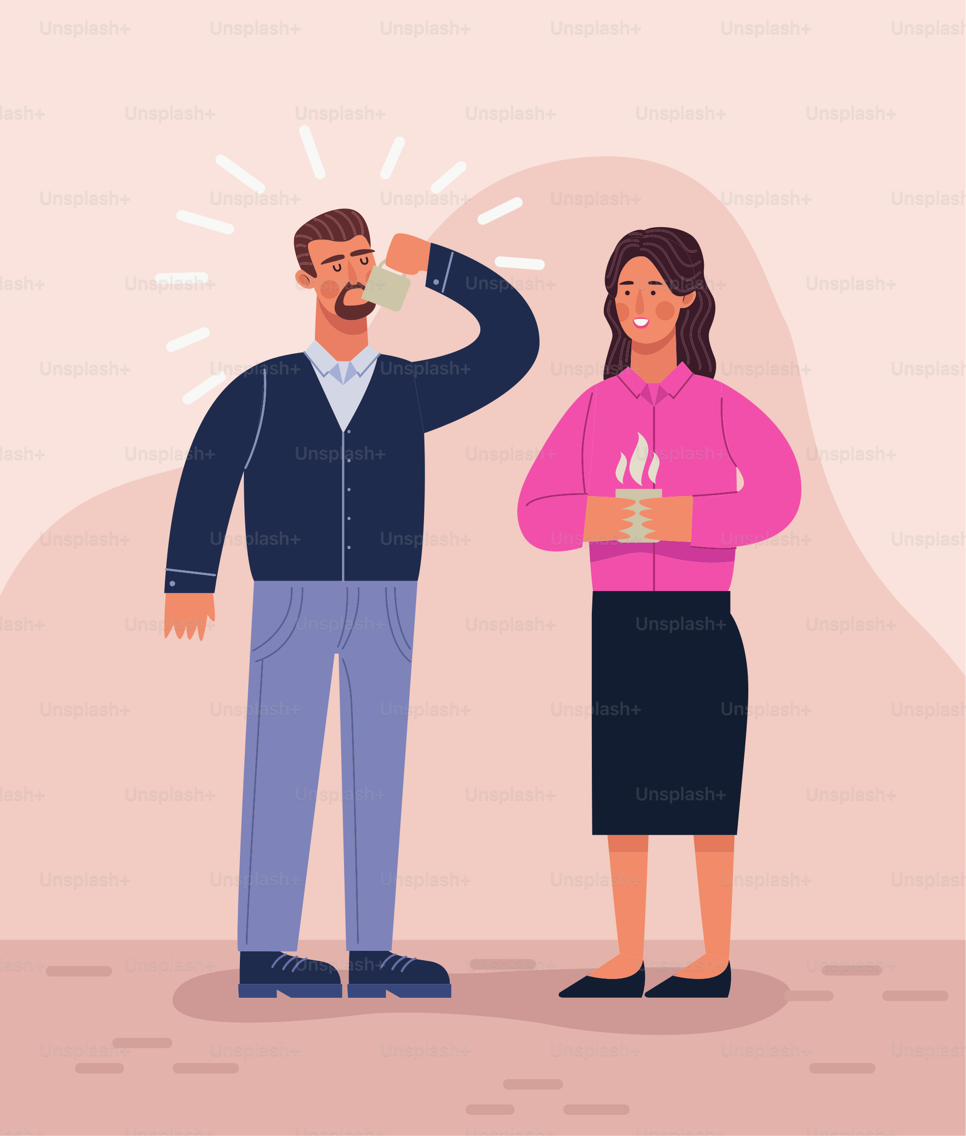 couple drinking coffee standing characters