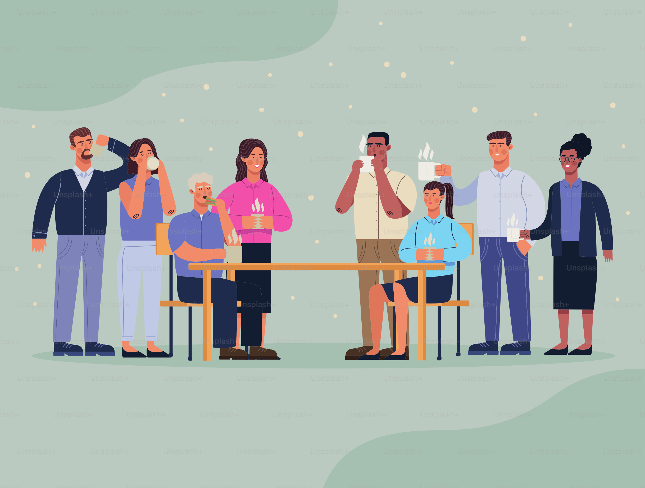 Escena de los personajes de ocho personas bebiendo café