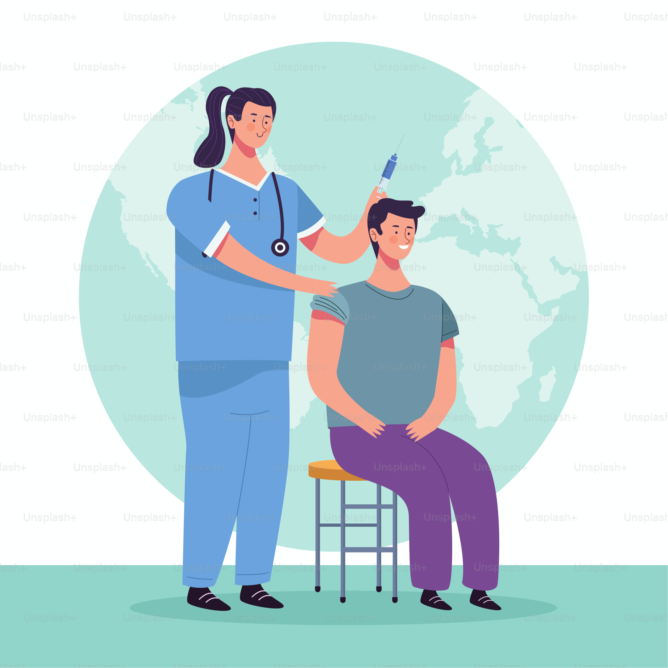 weibliche Krankenschwester impft männliche Patientenfiguren Vektorillustrationsdesign