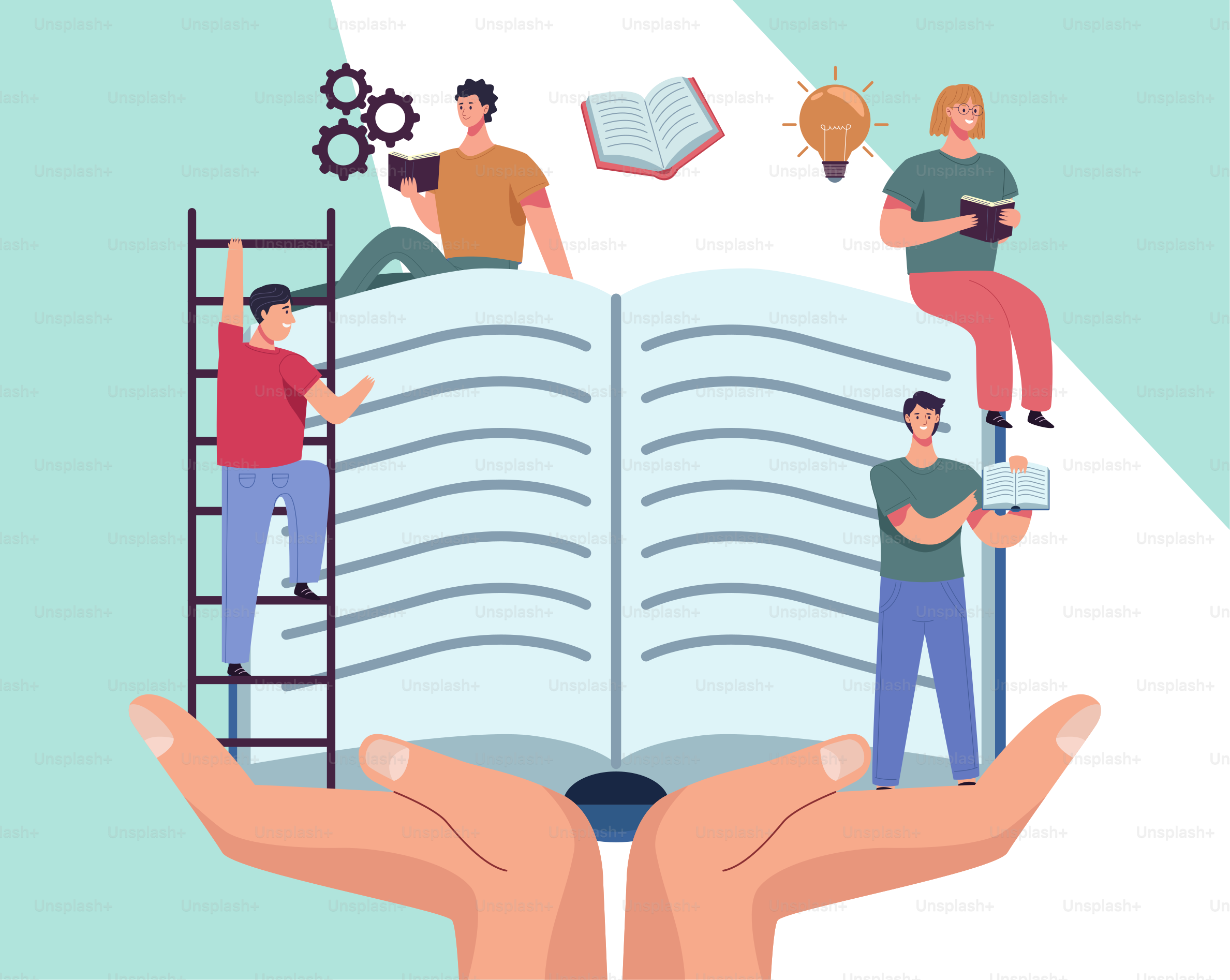 group of readers with books in hands characters vector illustration design