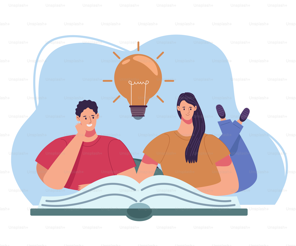 lectores pareja lectura libro con bulbo caracteres vector ilustración diseño
