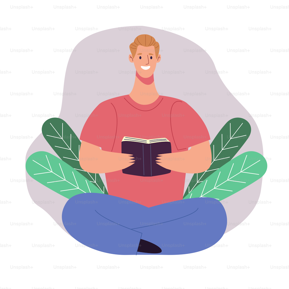 blond reader man reading book seated in lotus position with leafs vector illustration design