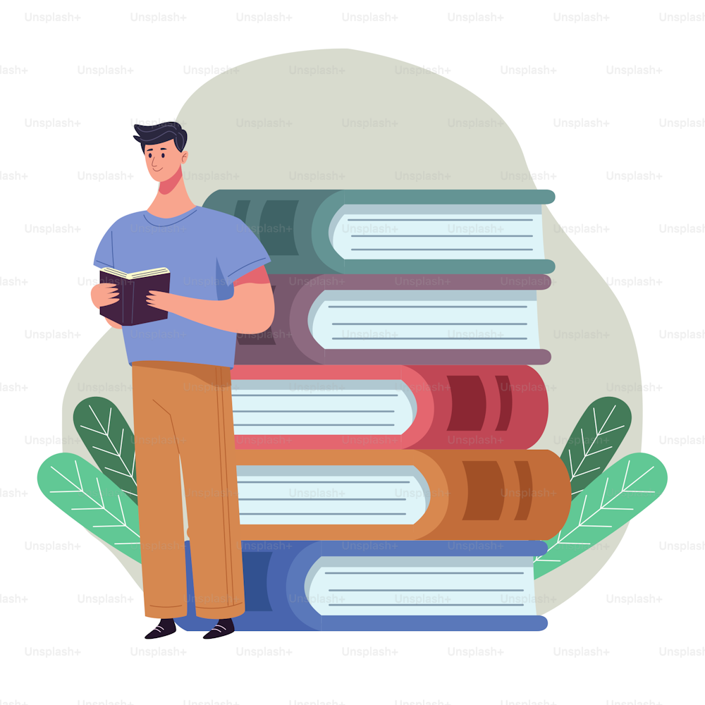 reader man reading book standing with pile books and leafs vector illustration design