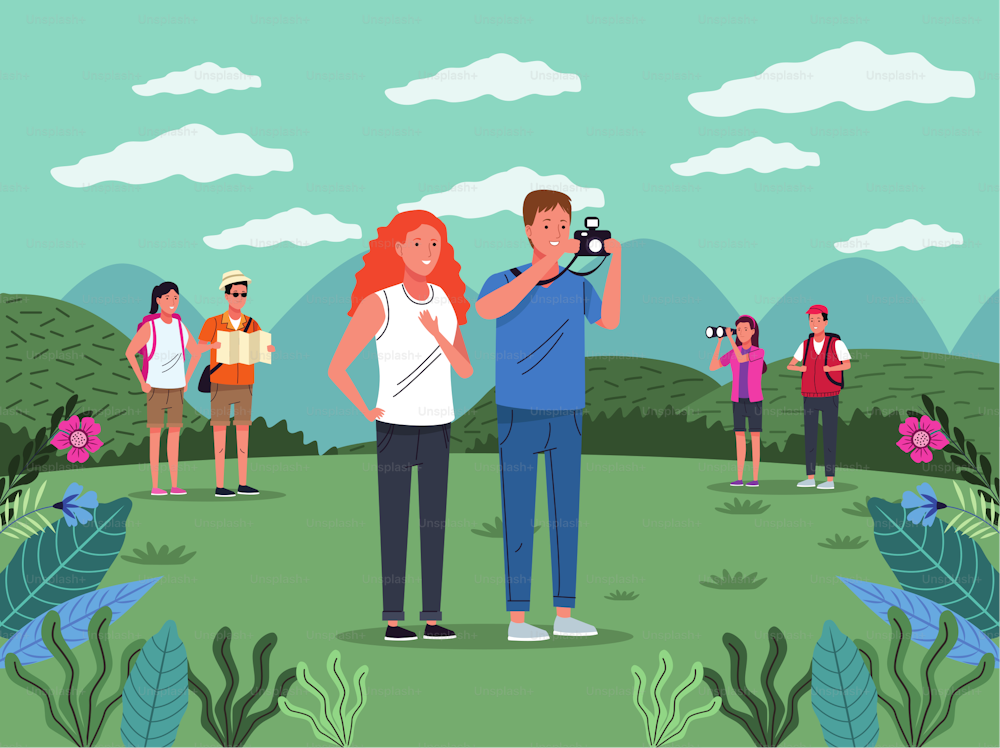 tourists people with camera photographic on the landscape characters vector illustration design