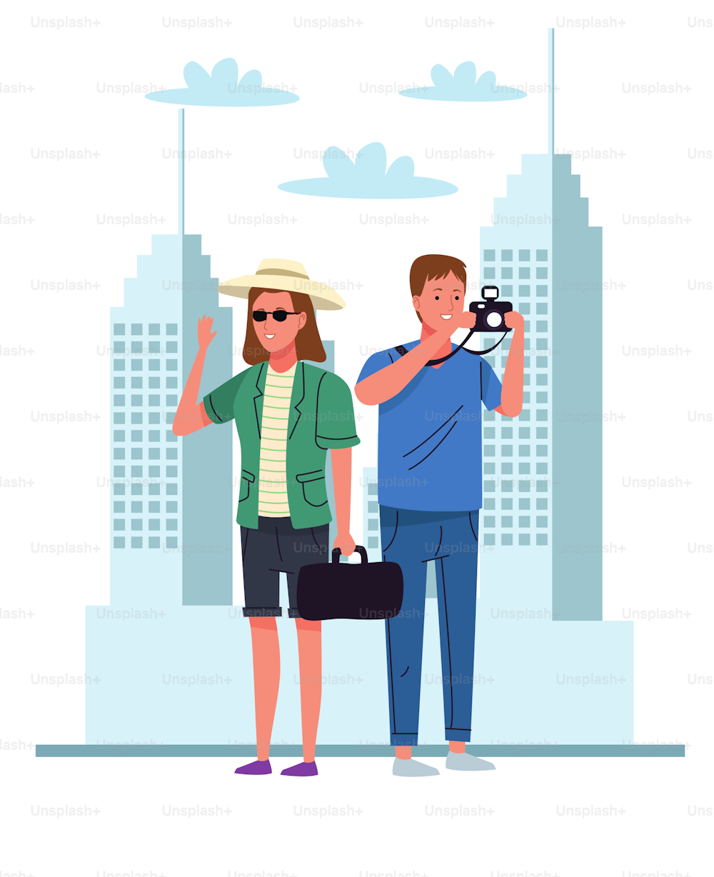 Los turistas se emparejan con la cámara y el bolso en la ciudad personajes diseño de ilustración vectorial