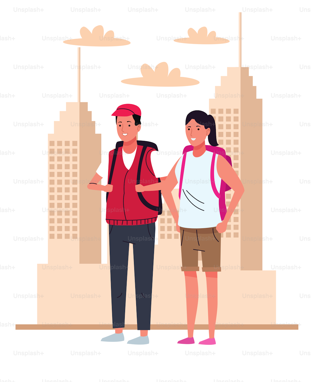 tourists couple with travelbags on the city characters vector illustration design
