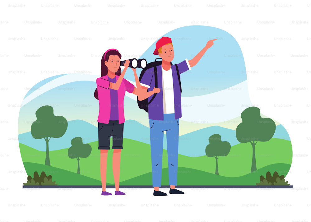 tourists couple standing with binoculars on the camp characters vector illustration design