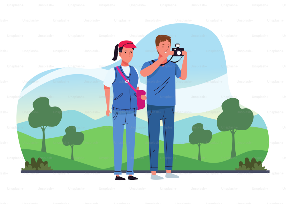 tourists couple standing with camera photographic on the camp characters vector illustration design