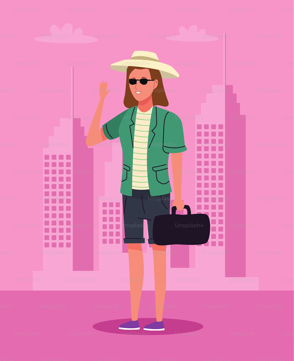 tourist woman standing with hat and handbag on the city character vector illustration design