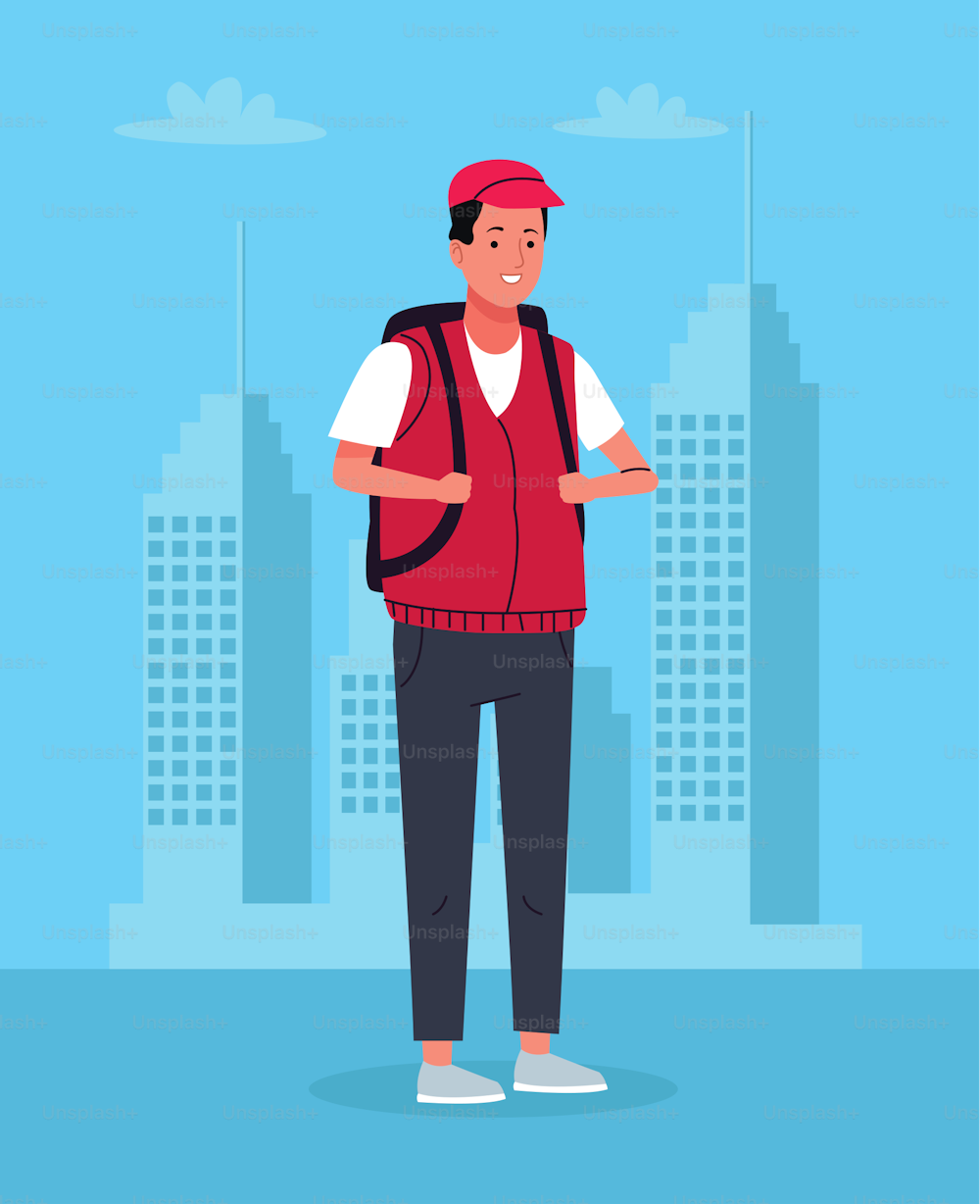 tourist man with travelbag on the city character vector illustration design