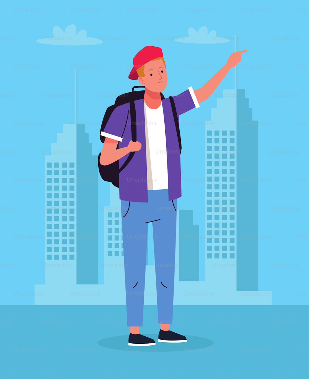 tourist man standing with travelbag on the city character vector illustration design