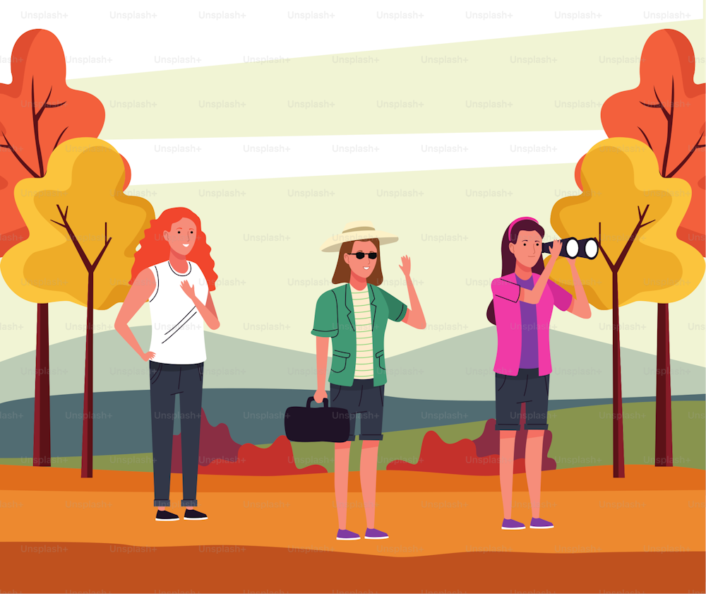 가을 풍경 벡터 일러스트레이션 디자인에서 활동을 하는 관광객 소녀들의 그룹