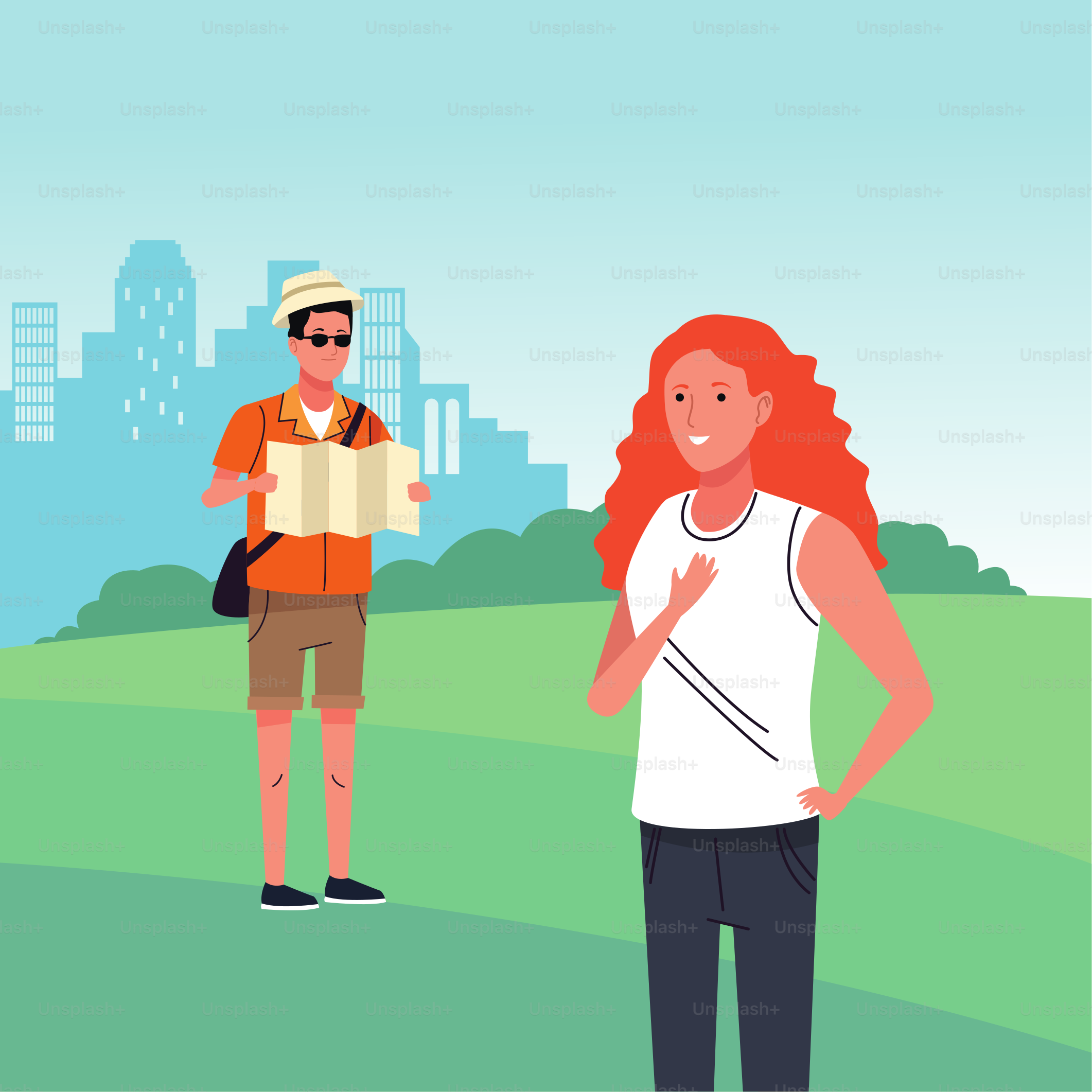 couple of tourists doing activities in the camp landscape vector illustration design