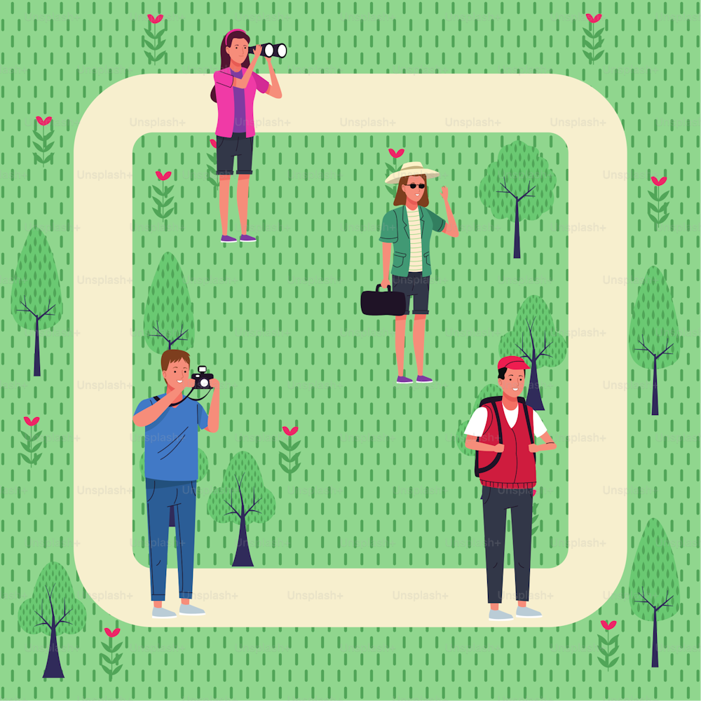 group of tourist people doing activities in the park vector illustration design