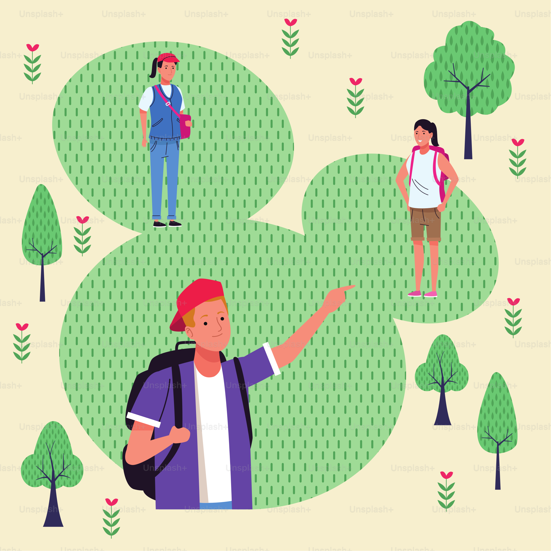 group of tourist people doing activities in the park vector illustration design