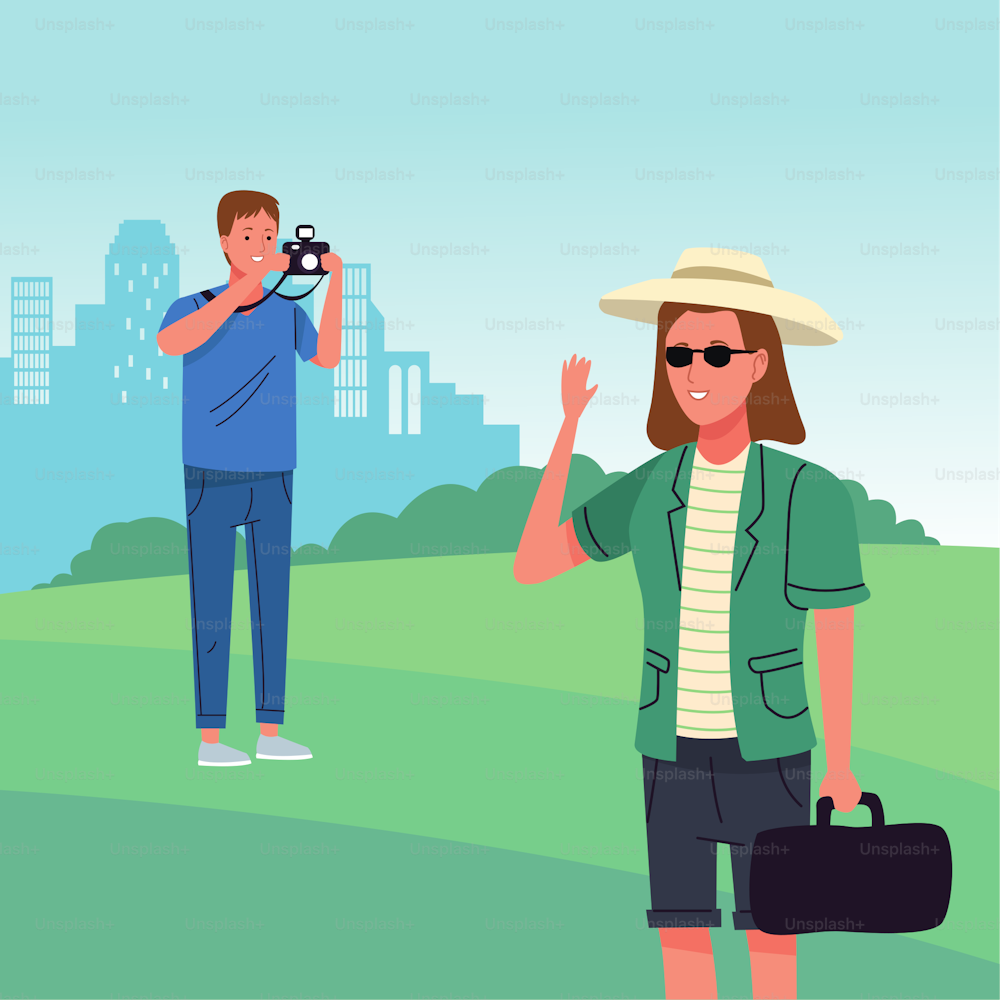couple of tourists doing activities in the field scene vector illustration design